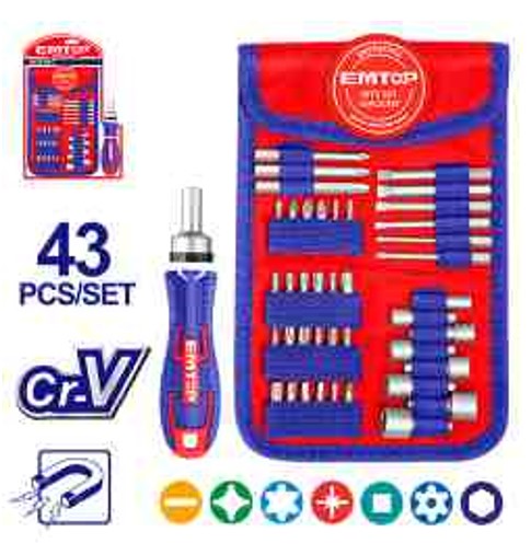 Professional 43 Piece Screwdriver Bit Set Cr-V - Complete Mechanic Set 1 Ratchet 9 65mm Bits 24 25mm Bits 8 Power Sleeves Pouch Double Blister